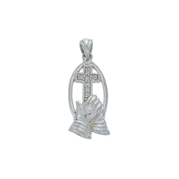 Sterling Silver 925 Praying Hands and Religious Cross Cubic Zirconia Pendant - Picture 1 of 5